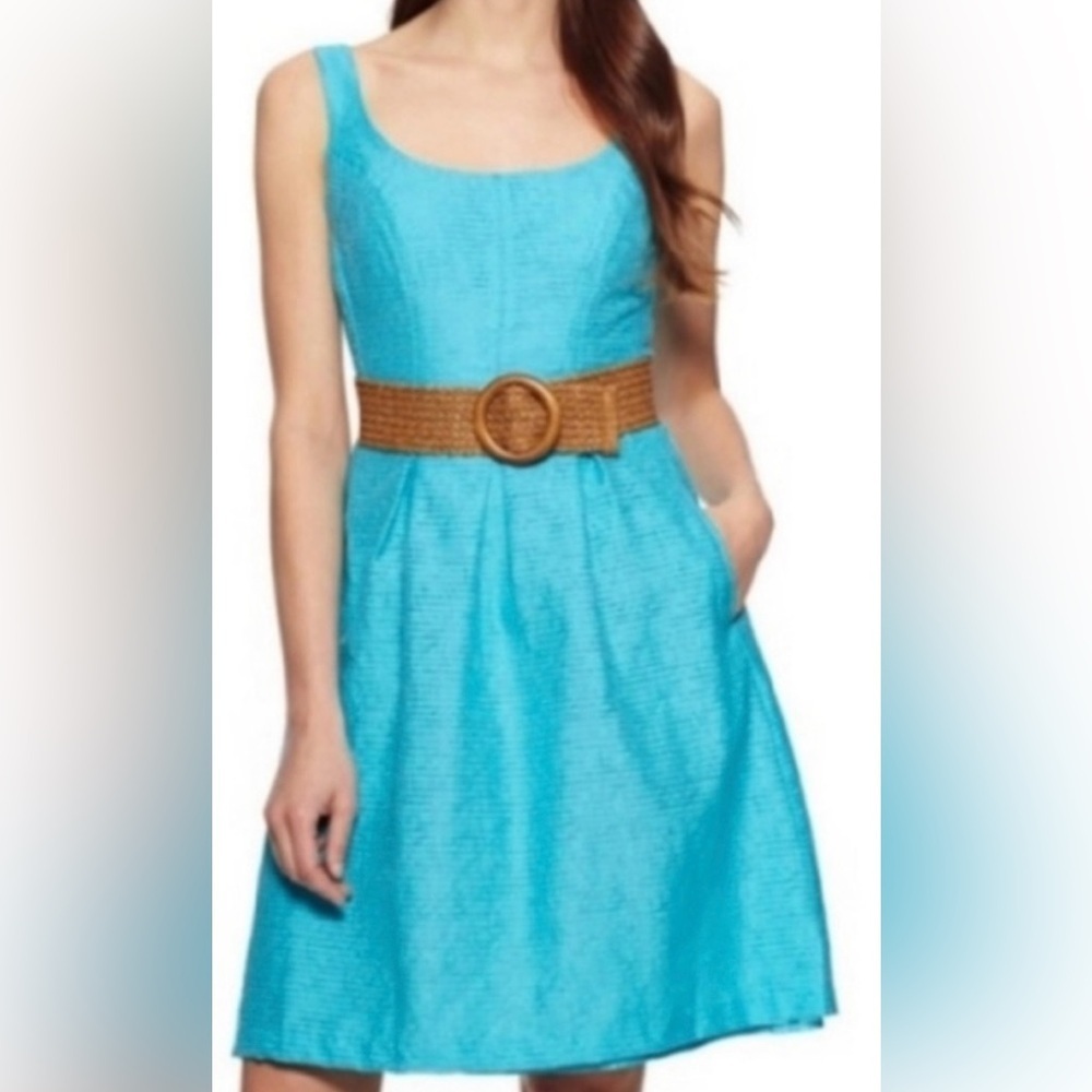 Nine West Textured Sleeveless Fit & Flare With Raffia Belt in Turquoise Blue - Picture 1 of 5